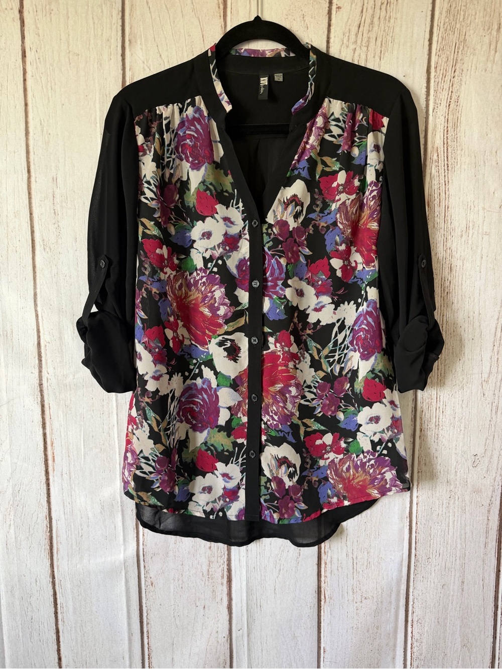 KUT from the Kloth Floral Print Roll-Tab Sleeve Blouse Size M